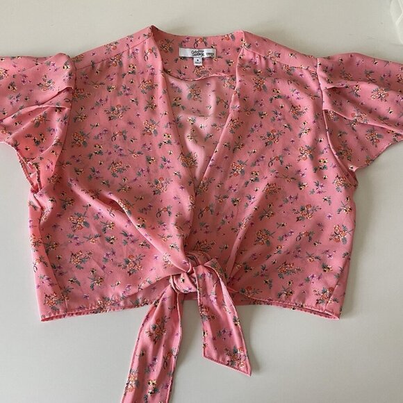 Color Me Courtney 8 Ellie Top Crop Pink Floral Tie Front Flutter Feminine Fairy - Picture 3 of 11